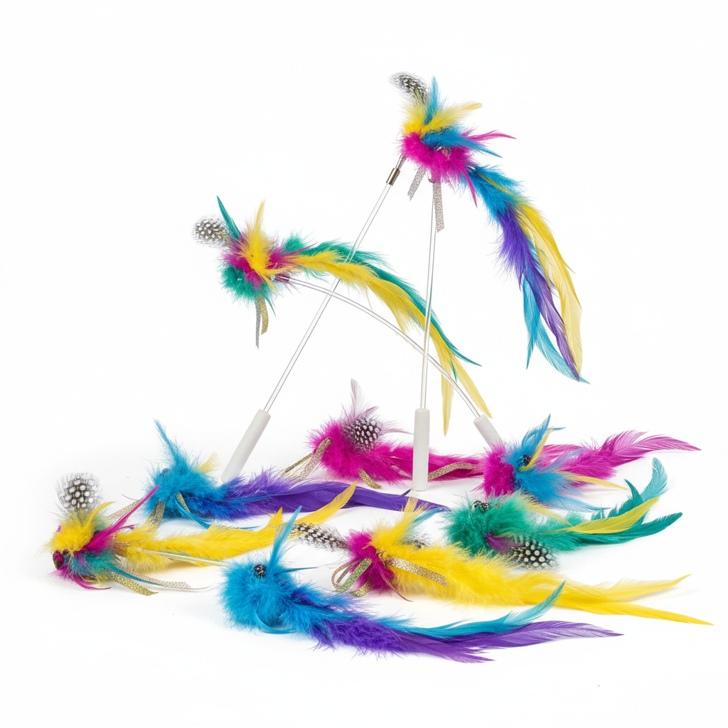 Colorful feather cat wand toy set with rainbow multicolor feathers, multiple wands displayed