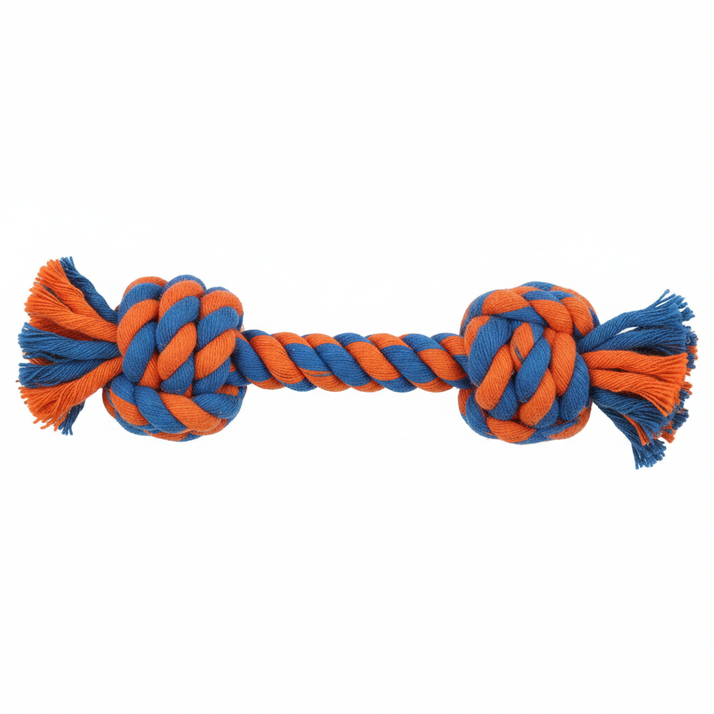 Double knot cotton rope dog toy in blue and orange