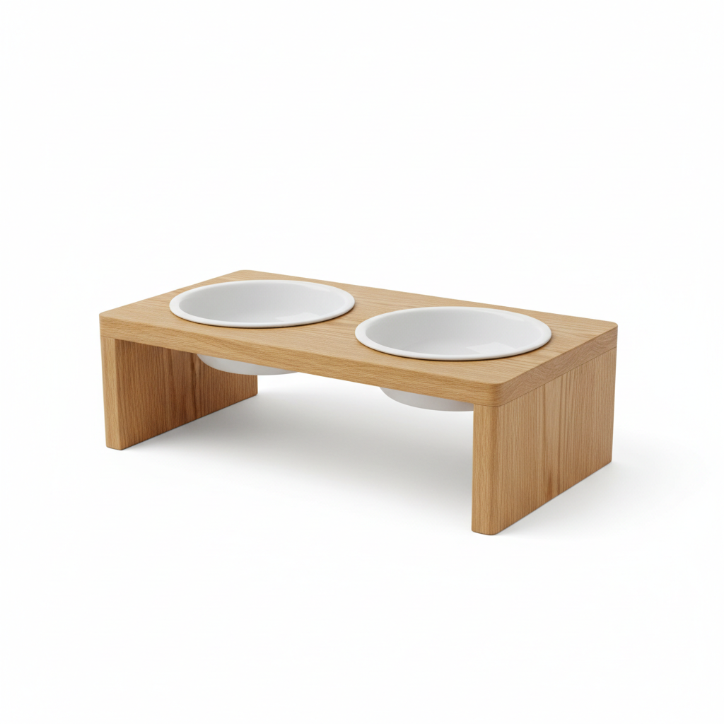 Elevated wooden pet feeder stand with two white ceramic bowls, natural oak, angled view