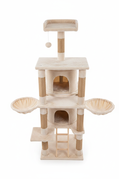 Overhead top-down view of floor-to-ceiling cat tree tower