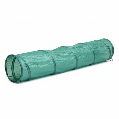 Teal green cat tunnel fully extended showing both open circular ends