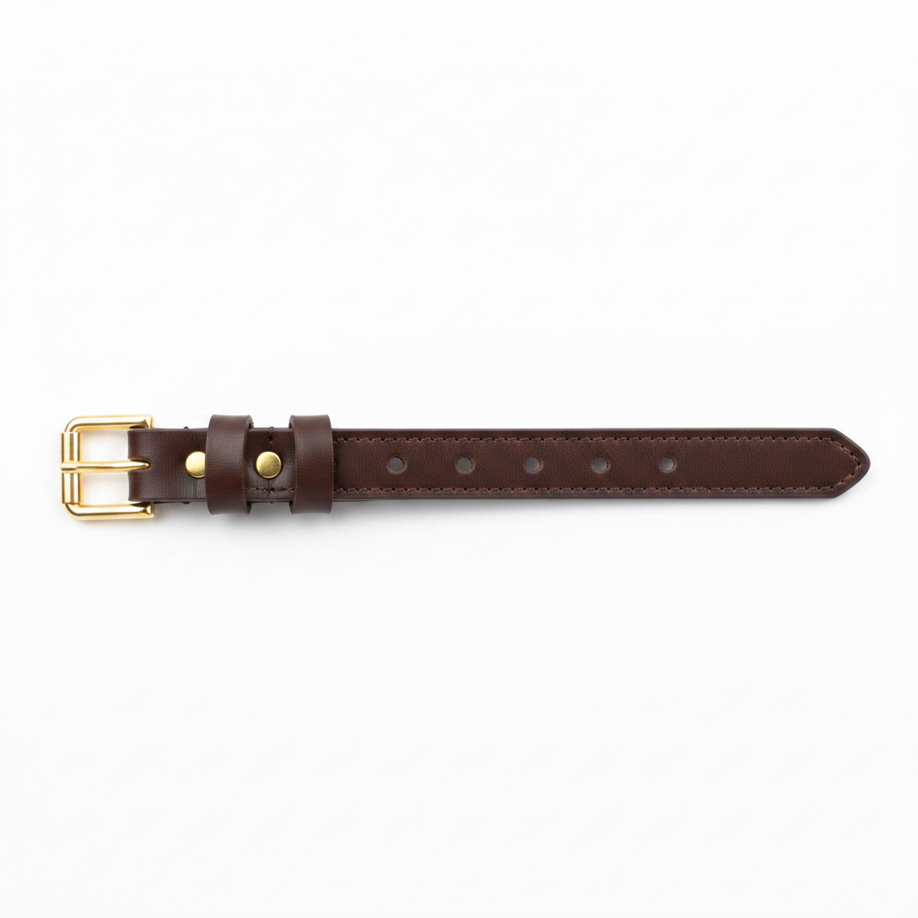Flat lay view of dark brown leather dog collar showing full length