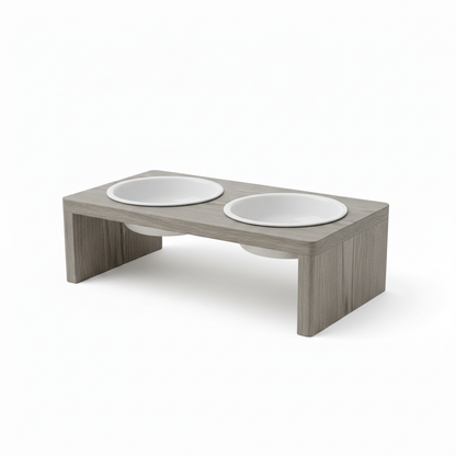 Variant 3 – Grey Ash elevated pet feeder with white ceramic bowls
