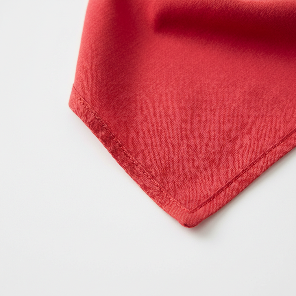Close-up detail of red cotton pet bandana showing fabric texture and hemmed edges