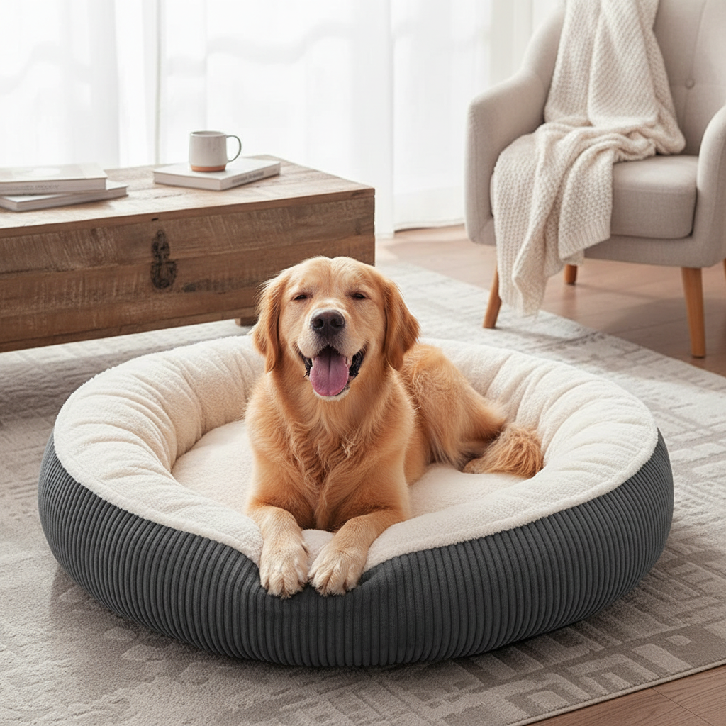 Lifestyle photo of golden retriever resting in round dog bed in cozy living room