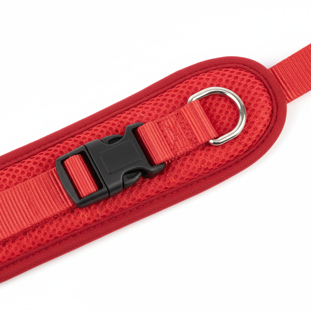 Close-up detail of red harness showing mesh fabric, buckle and D-ring hardware