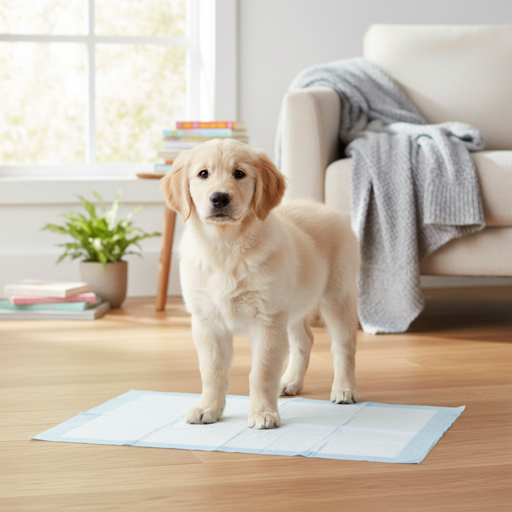 Puppy standing on training pad in home setting