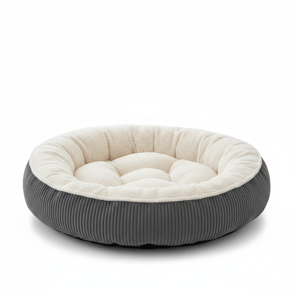 Front side view of round dog bed showing corduroy exterior and bolster walls