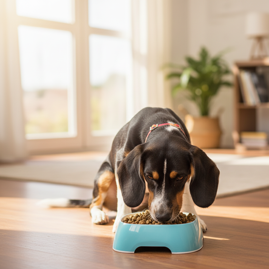 Beagle dog eating from light blue pet bowl on wooden floor