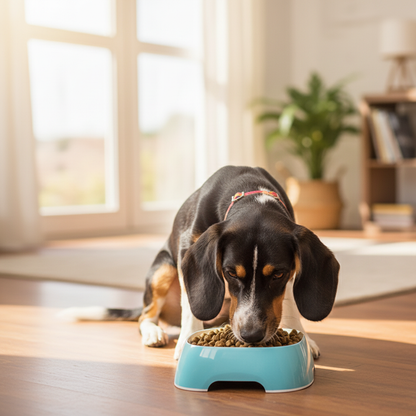 Beagle dog eating from light blue pet bowl on wooden floor