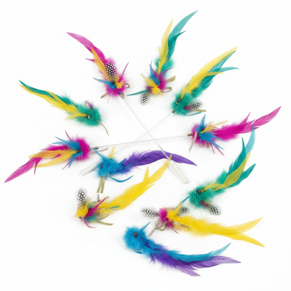Flat lay top-down view of cat feather wand toy set with all wands and attachments spread out