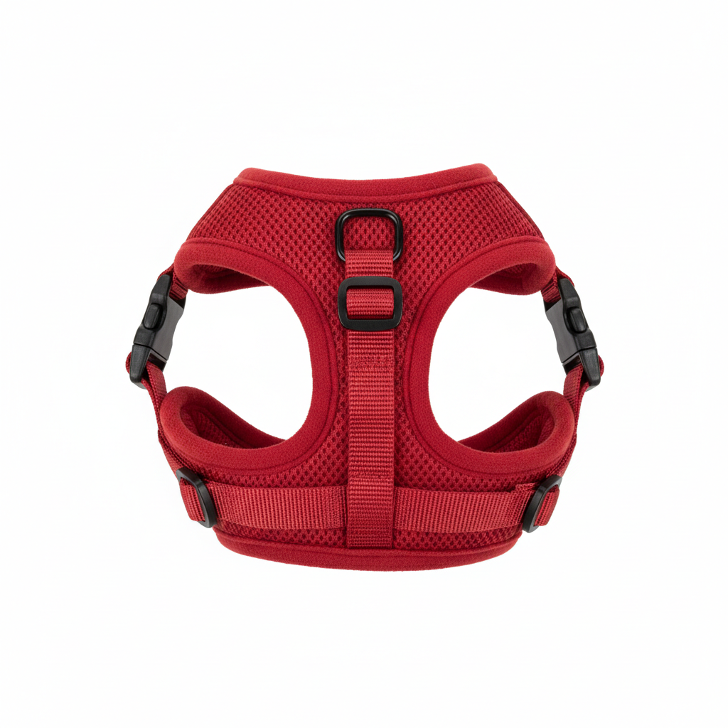 Variant 1 – Red padded mesh dog step-in harness, flat lay