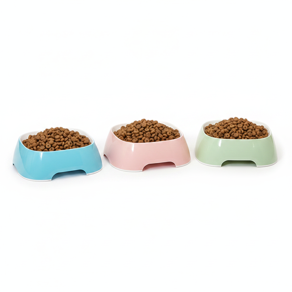 Three pet bowls in blue, pink and green color options
