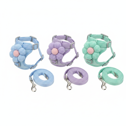 Three cat harness sets in sky blue, lavender purple and mint green color options