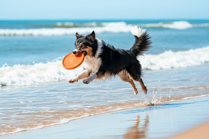Border Collie catching orange frisbee on sunny beach with ocean waves