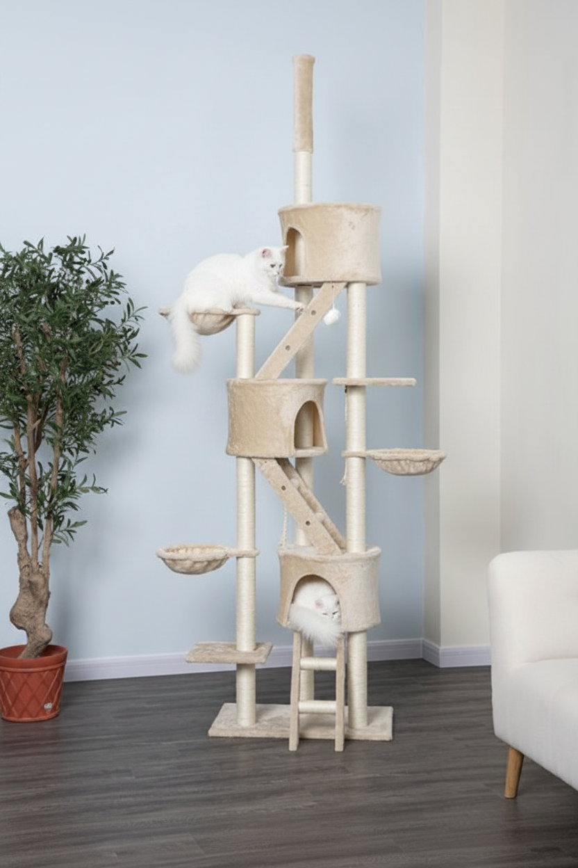 Two white cats playing on beige floor-to-ceiling cat tree in modern living room