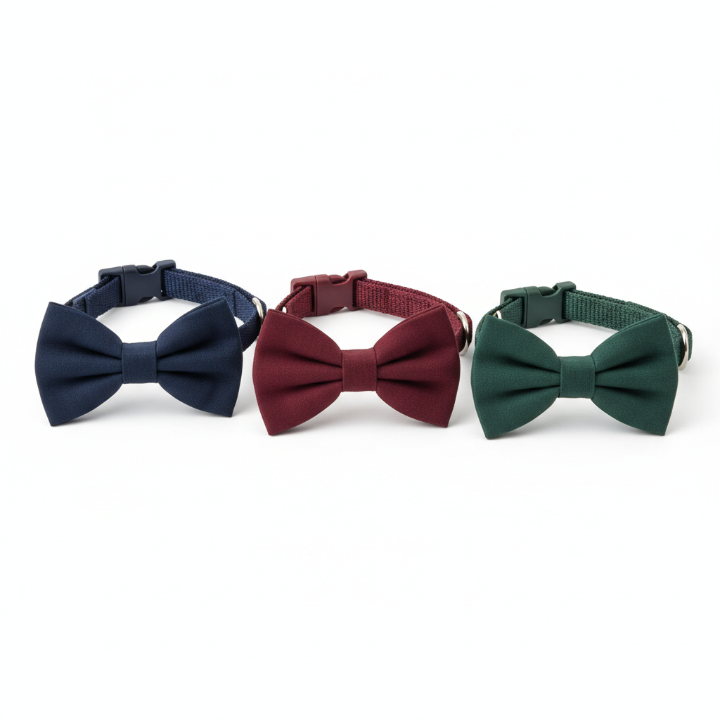Three pet bow tie collars in navy blue, burgundy red and forest green displayed together