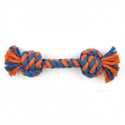 Top-down flat lay view of double knot rope toy
