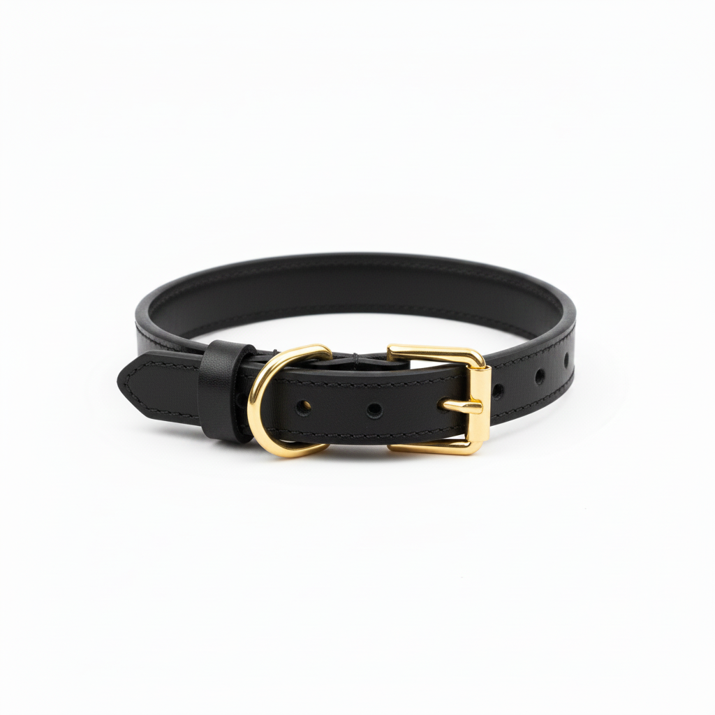 Variant 3 – Black leather dog collar with gold hardware