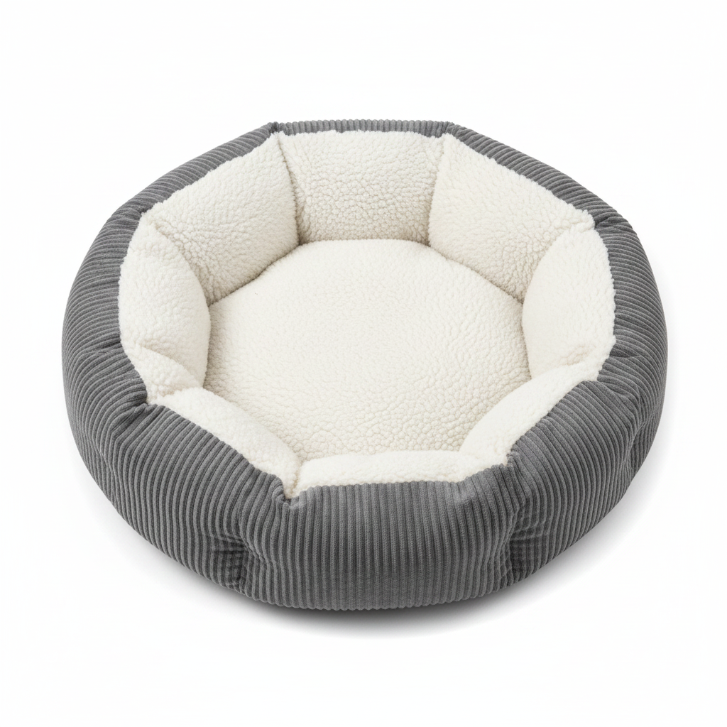 Top-down overhead view of round dog bed showing plush sherpa interior