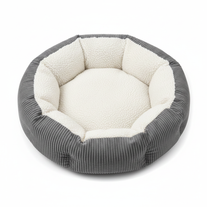 Top-down overhead view of round dog bed showing plush sherpa interior