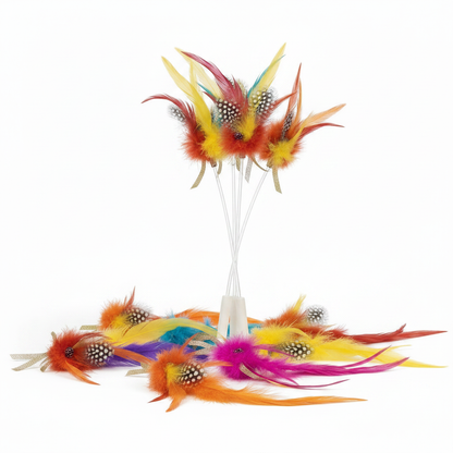 Variant 2 – Warm Tones feather cat wand toy set in red orange yellow pink