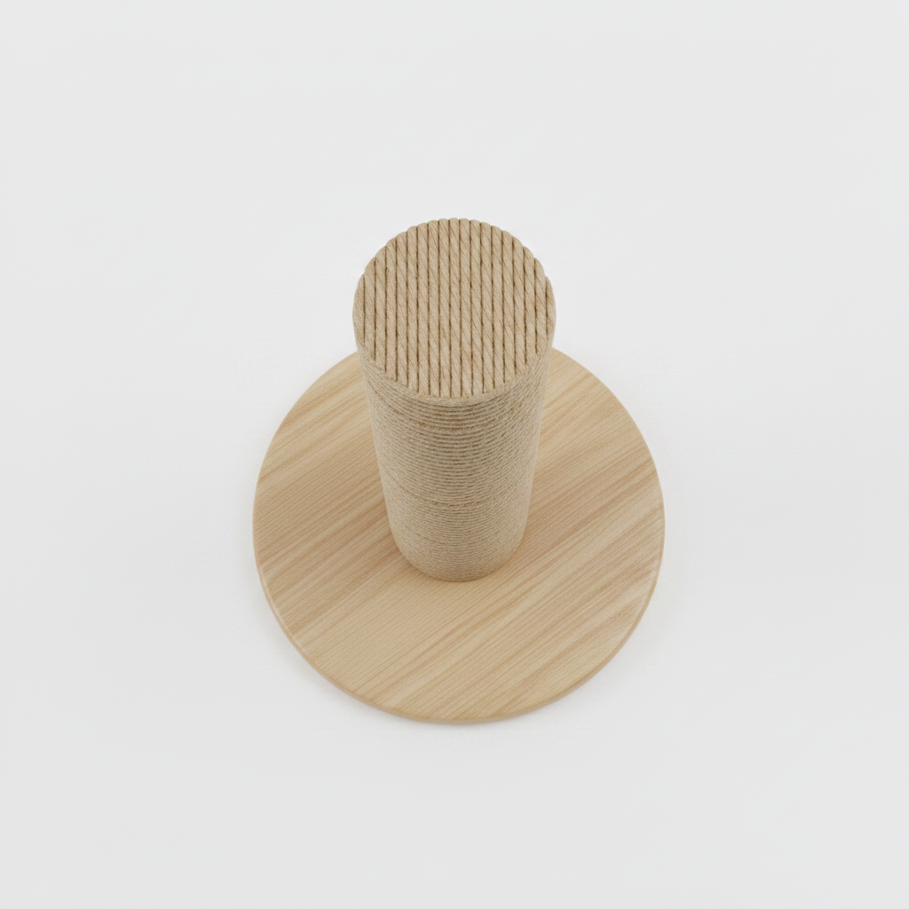 Top-down view of sisal rope cat scratching post showing rope texture