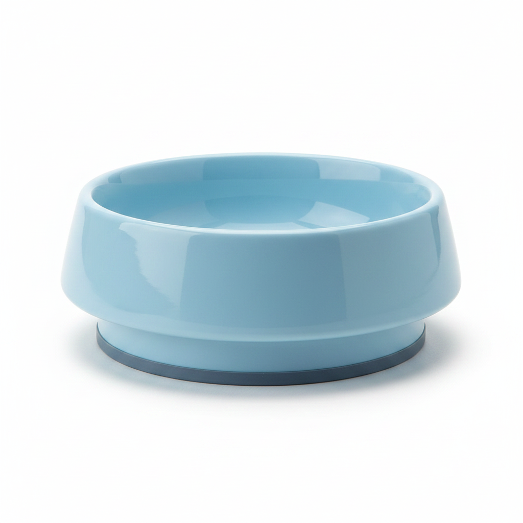 Front side view of light blue pet bowl showing depth and anti-slip base