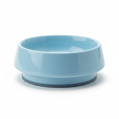 Front side view of light blue pet bowl showing depth and anti-slip base