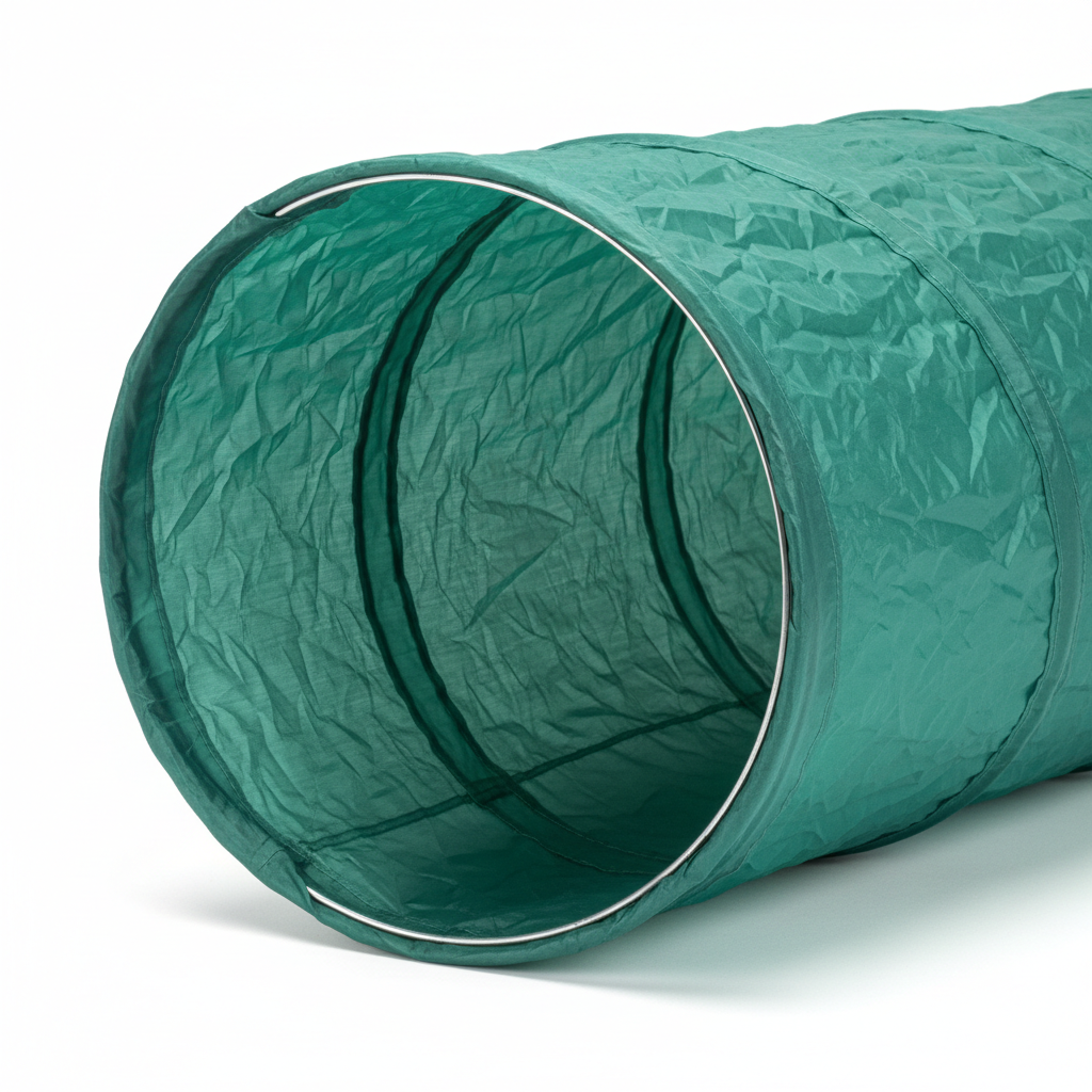 Close-up of teal green cat tunnel circular opening showing wire rim and crinkle fabric texture