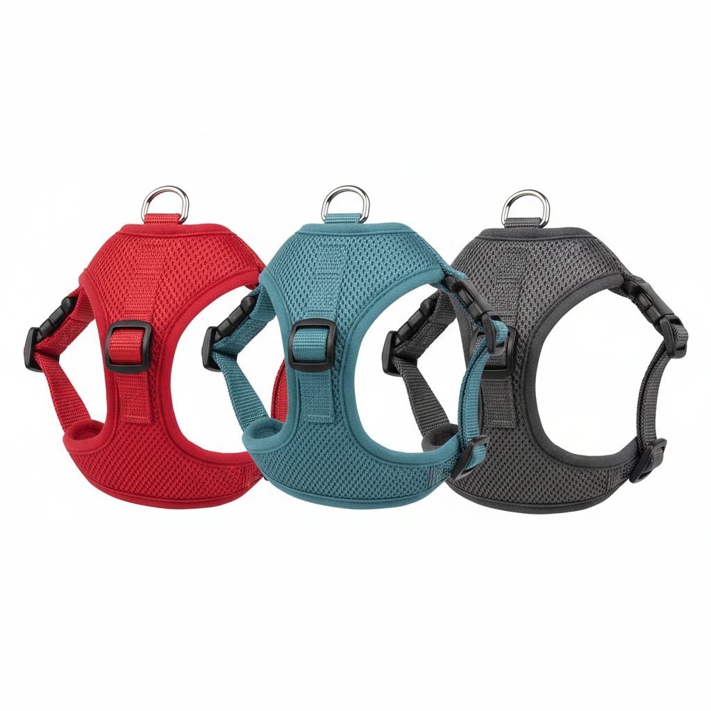 Three dog harnesses in red, teal blue and charcoal grey displayed together