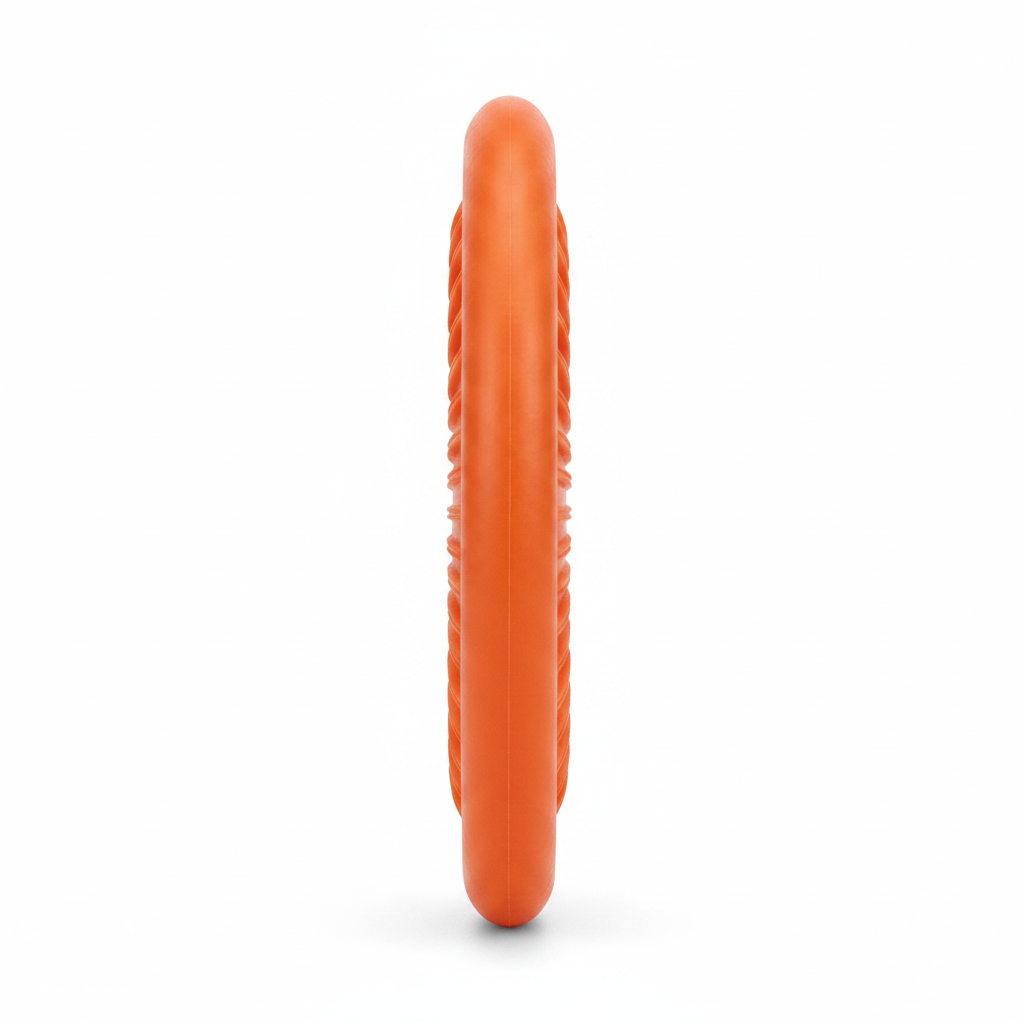 Side profile view of orange rubber dog frisbee showing thickness and soft edge