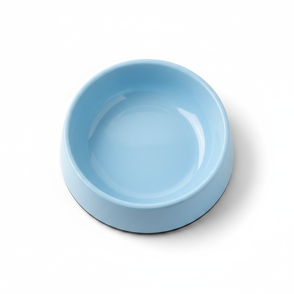 Top-down overhead view of light blue round pet food bowl