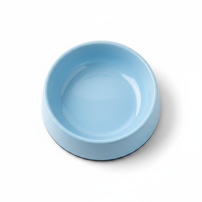 Top-down overhead view of light blue round pet food bowl