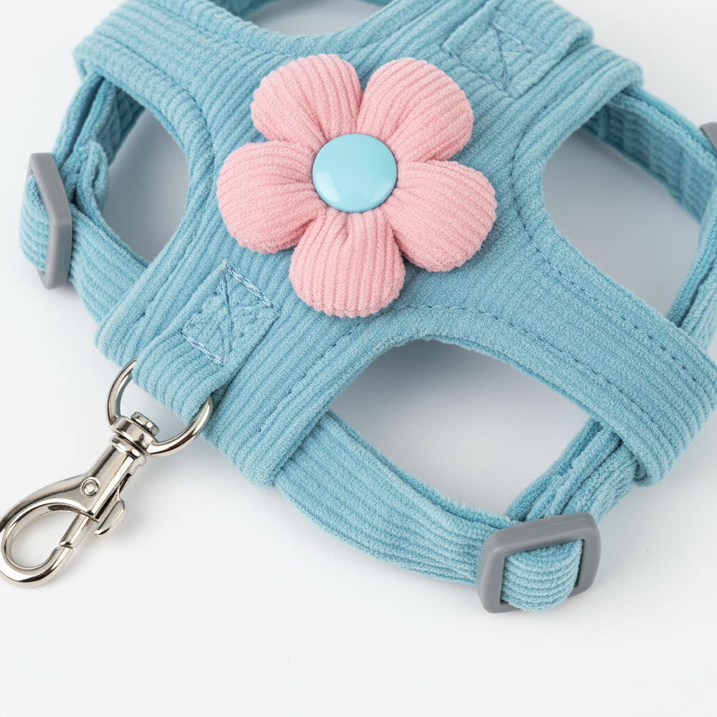 Close-up of corduroy fabric texture, pink flower decoration and silver metal clasp