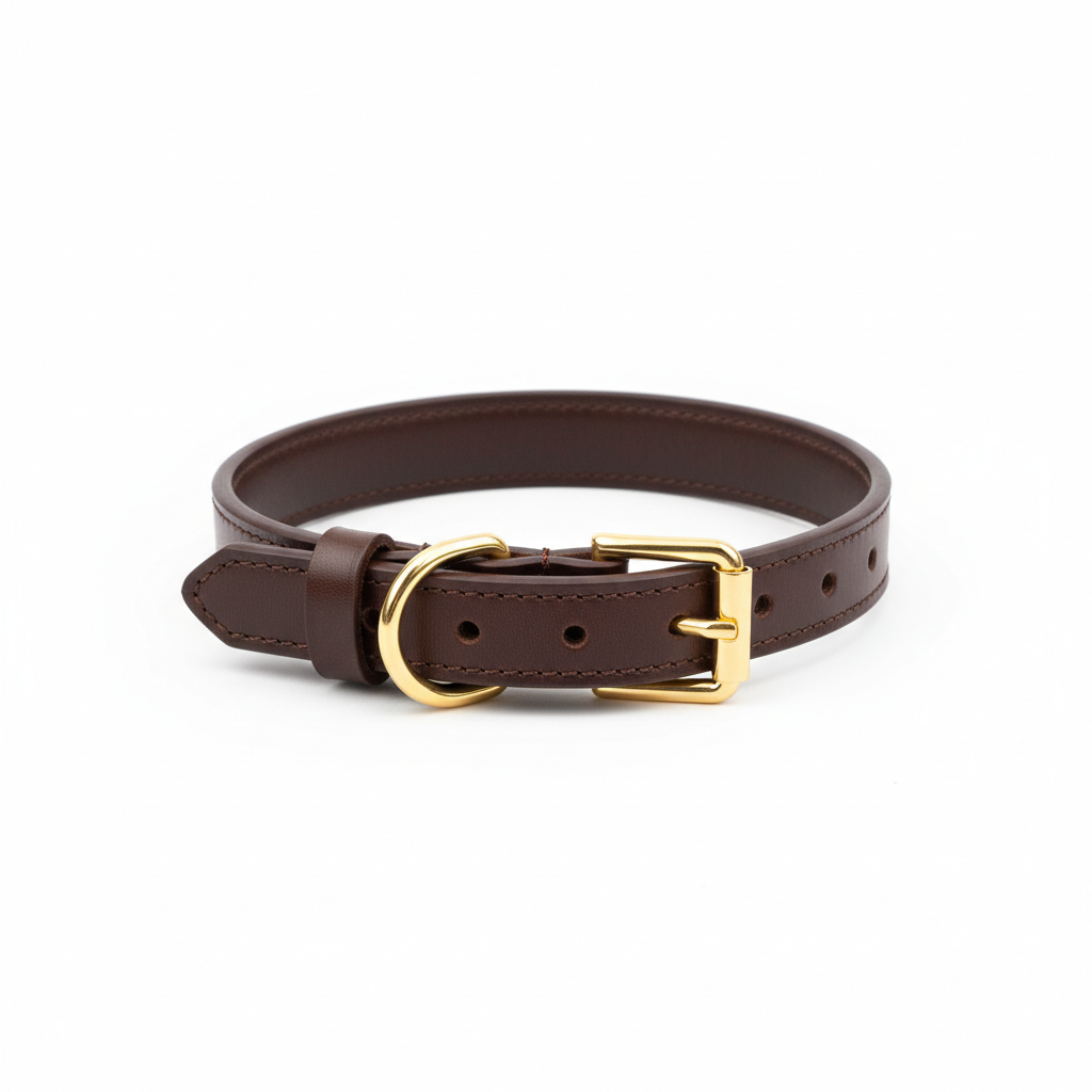 Genuine leather dog collar in dark brown with gold hardware, circular display